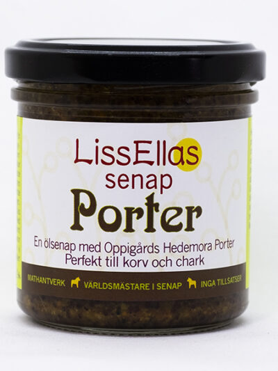 Porter - helgrov ölsenap som är mörk och kryddig med toner av choklad, milt blommig och viss senapshetta med Oppigårds Hedemora Porter 150g